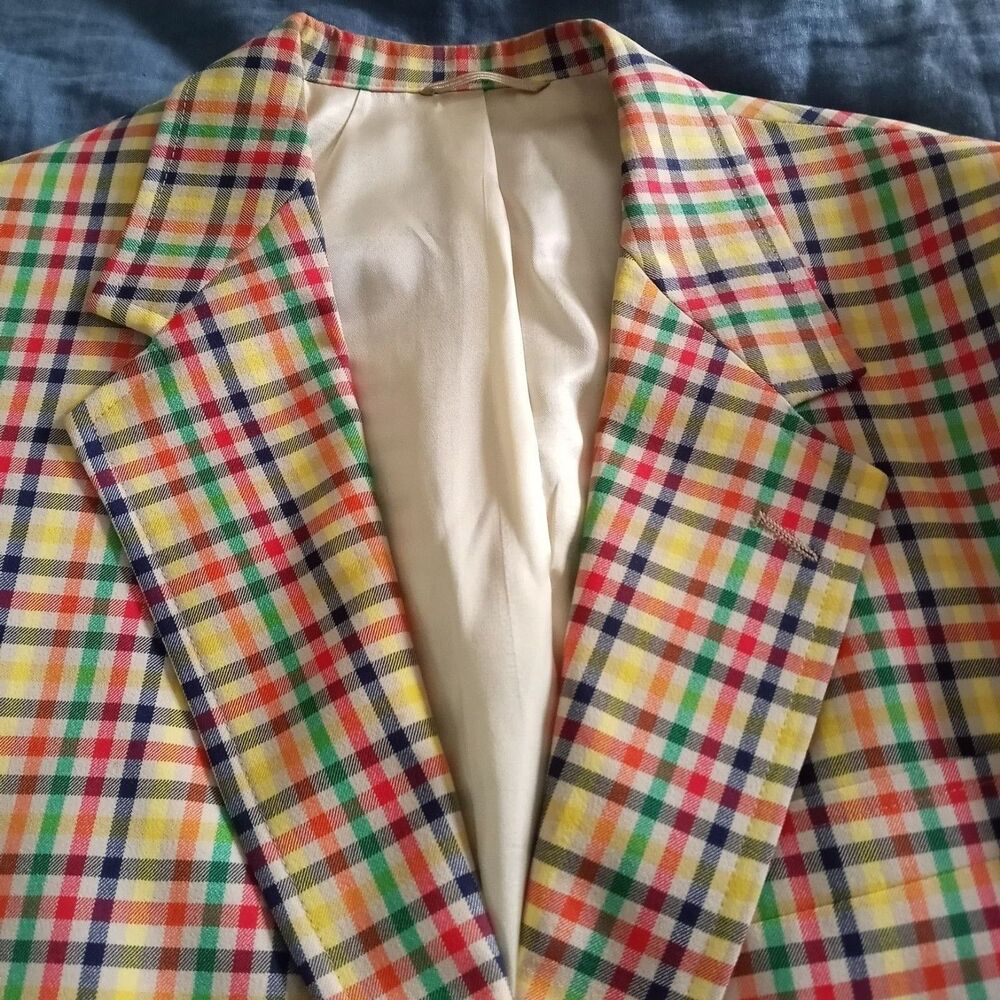 Vintage Donald Brooks 1970s Plaid Sport Coat Men XL 2XL UNION TAG Bright Colors